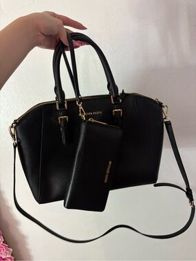 Michael Kors Black Saffiano Leather Satchel with Detachable Strap and Wallet